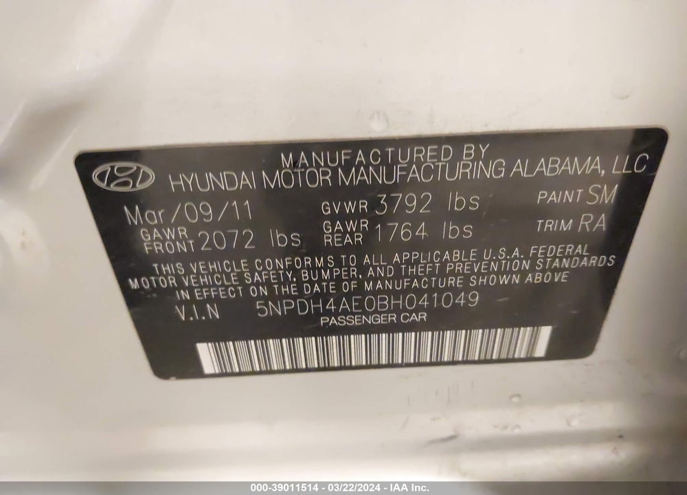 2011 HYUNDAI ELANTRA GLS VIN: 5NPDH4AE0BH041049