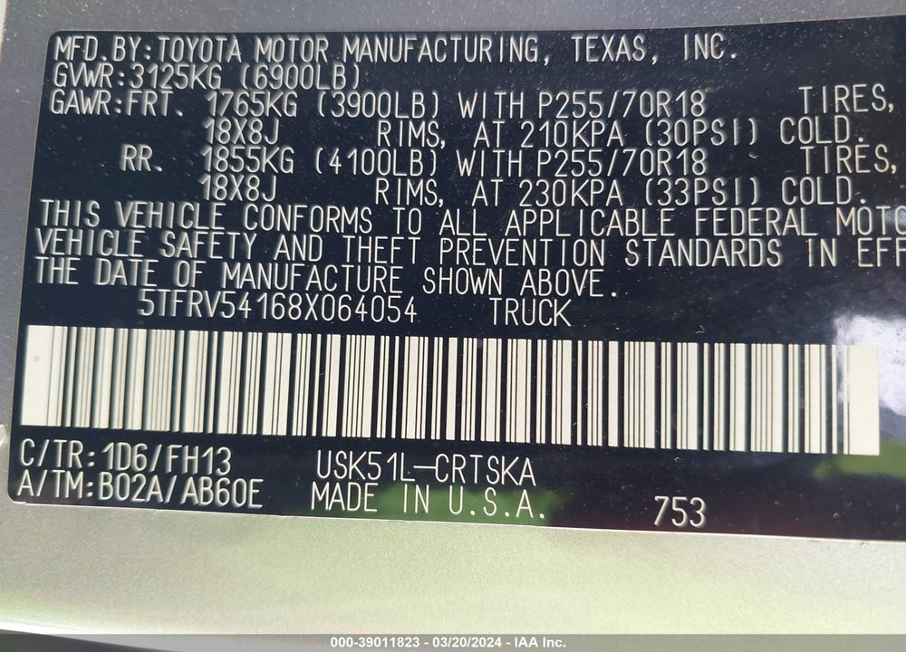 2008 TOYOTA TUNDRA SR5 5.7L V8 VIN: 5TFRV54168X064054