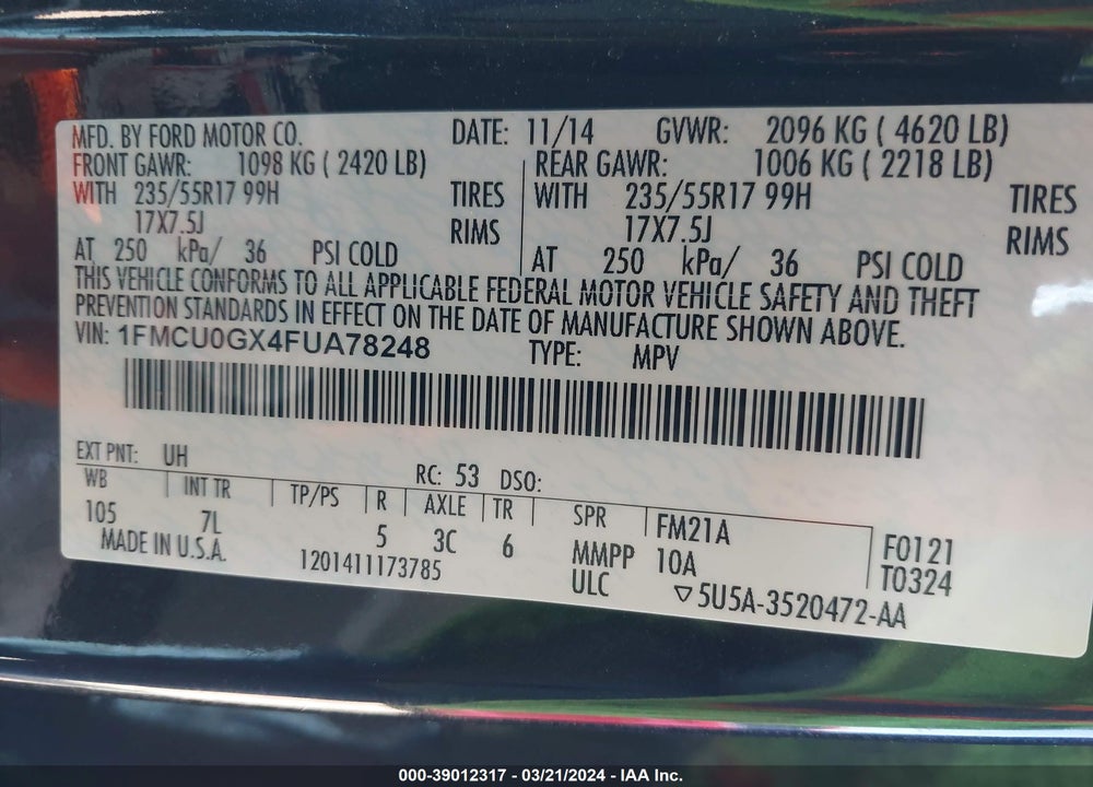 2015 FORD ESCAPE SE VIN: 1FMCU0GX4FUA78248