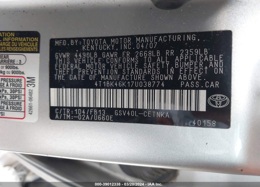 2007 TOYOTA CAMRY LE V6 VIN: 4T1BK46K17U038774