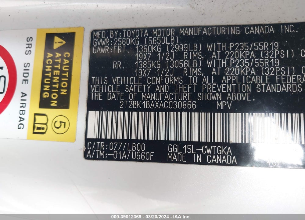 2010 LEXUS RX 350 VIN: 2T2BK1BAXAC030866