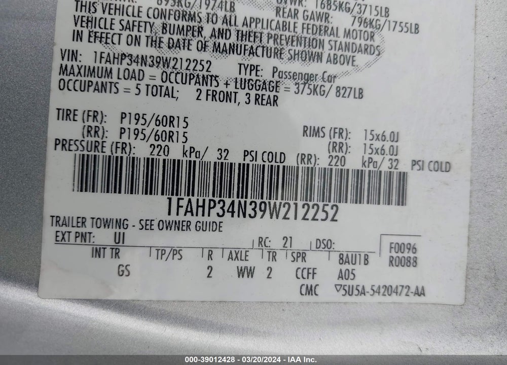 2009 FORD FOCUS S VIN: 1FAHP34N39W212252