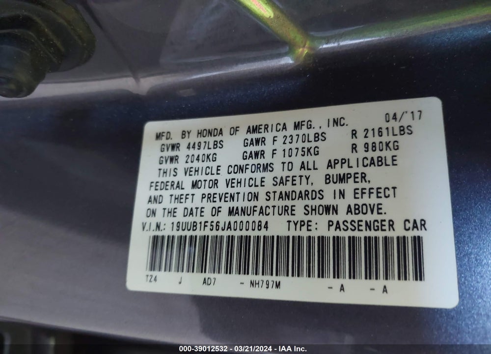 2018 ACURA TLX TECH PKG VIN: 19UUB1F56JA000084