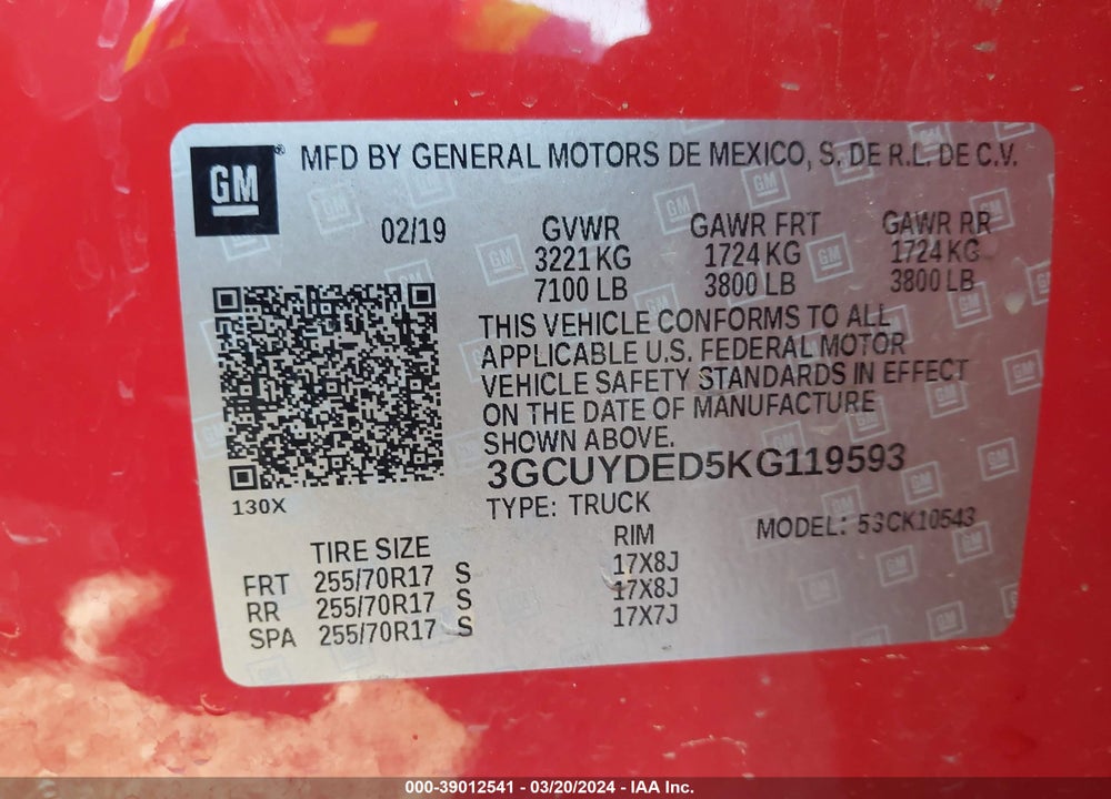 2019 CHEVROLET SILVERADO 1500 LT VIN: 3GCUYDED5KG119593