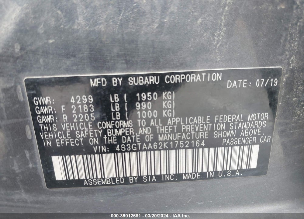 2019 SUBARU IMPREZA 2.0I VIN: 4S3GTAA62K1752164