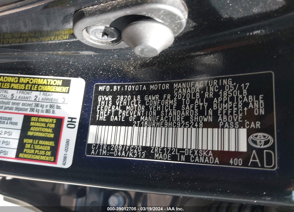 2017 TOYOTA COROLLA SE VIN: 2T1BURHE9HC925248