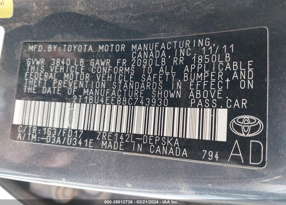 2011 TOYOTA COROLLA S VIN: 2T1BU4EE8BC743930