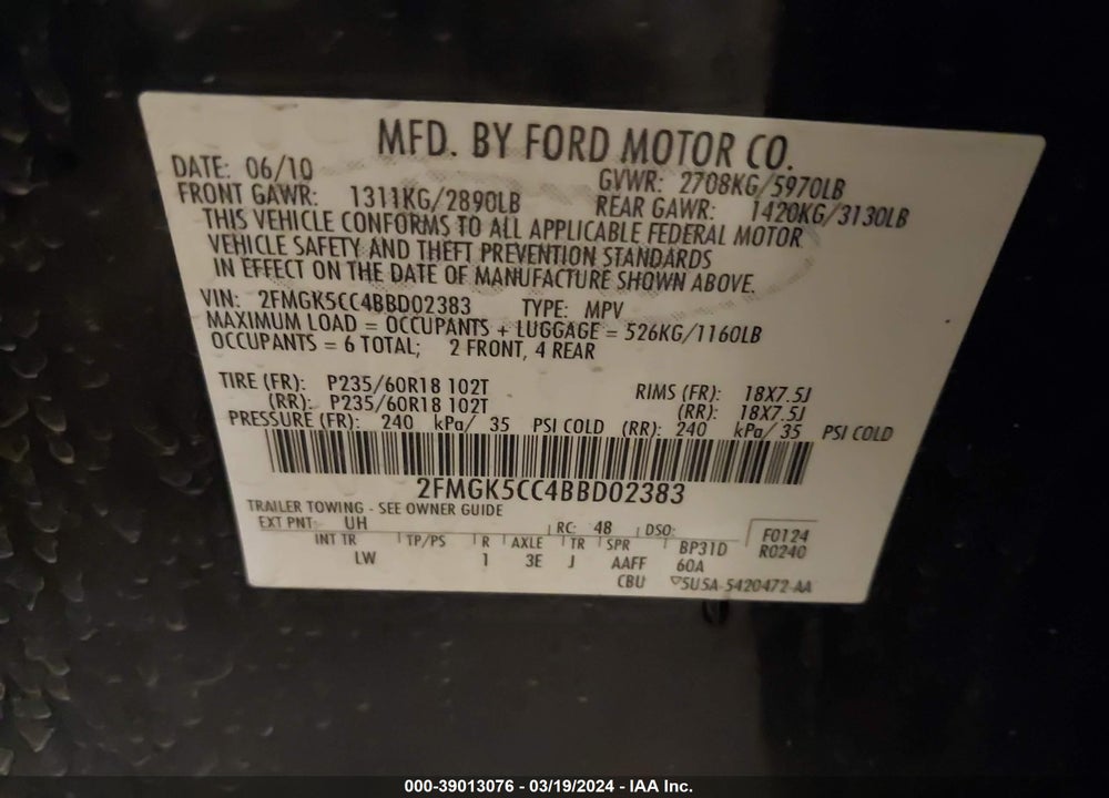 2011 FORD FLEX SEL VIN: 2FMGK5CC4BBD02383