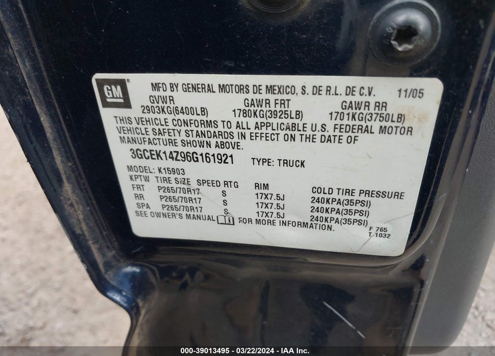 2006 CHEVROLET SILVERADO 1500 WORK TRUCK VIN: 3GCEK14Z96G161921