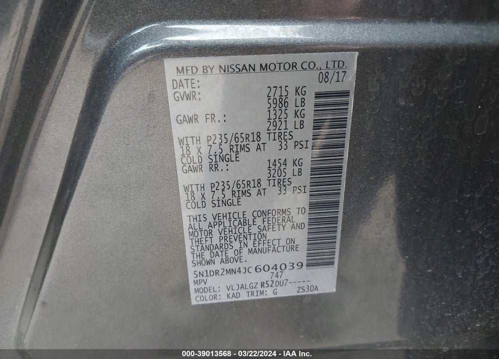 2018 NISSAN PATHFINDER SL VIN: 5N1DR2MN4JC604039