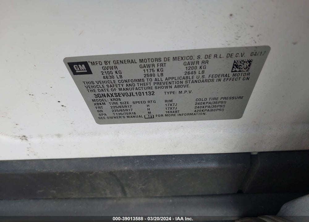 2018 CHEVROLET EQUINOX LT VIN: 3GNAXSEV0JL101132