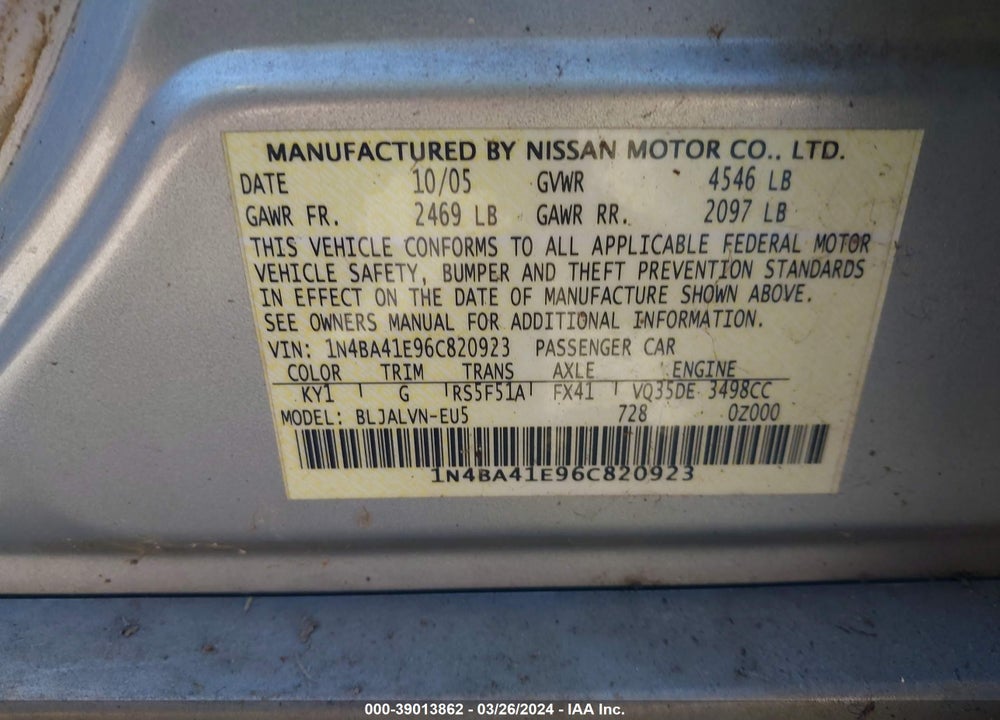 2006 NISSAN MAXIMA 3.5 SE VIN: 1N4BA41E96C820923