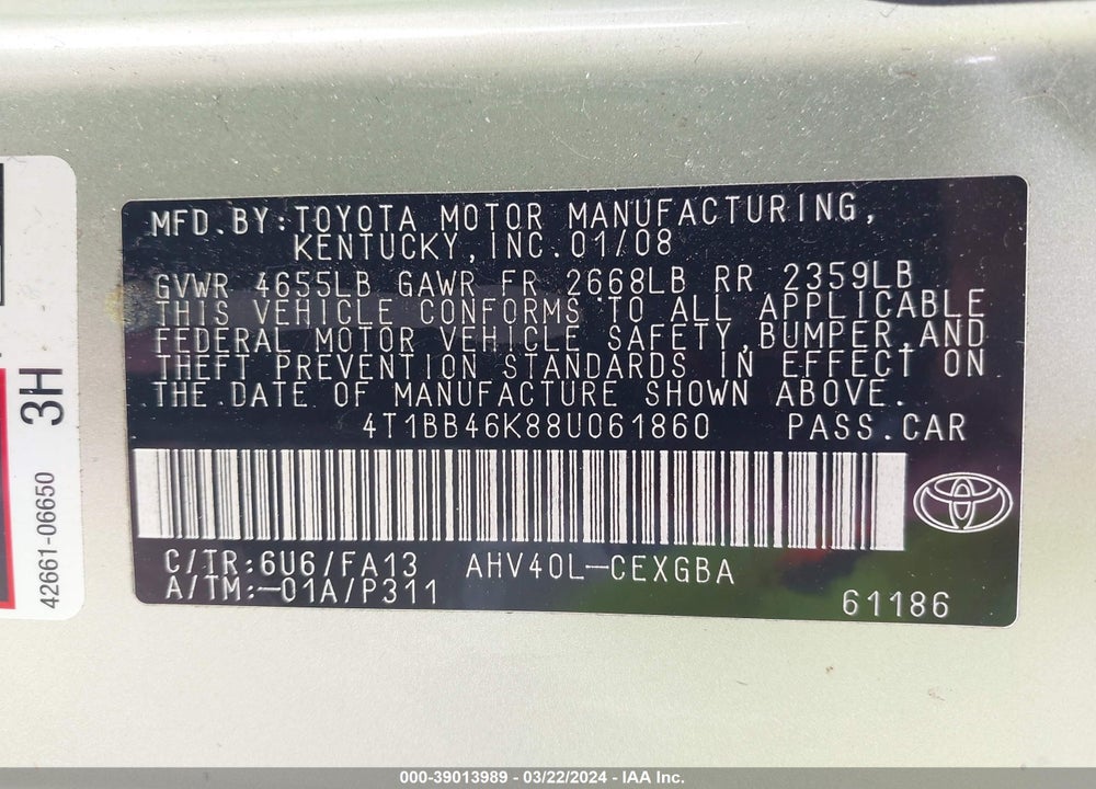 2008 TOYOTA CAMRY HYBRID VIN: 4T1BB46K88U061860