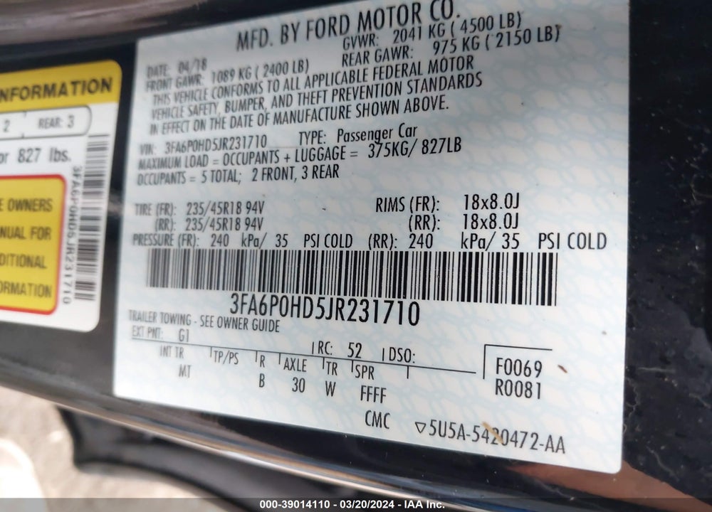 2018 FORD FUSION SE VIN: 3FA6P0HD5JR231710