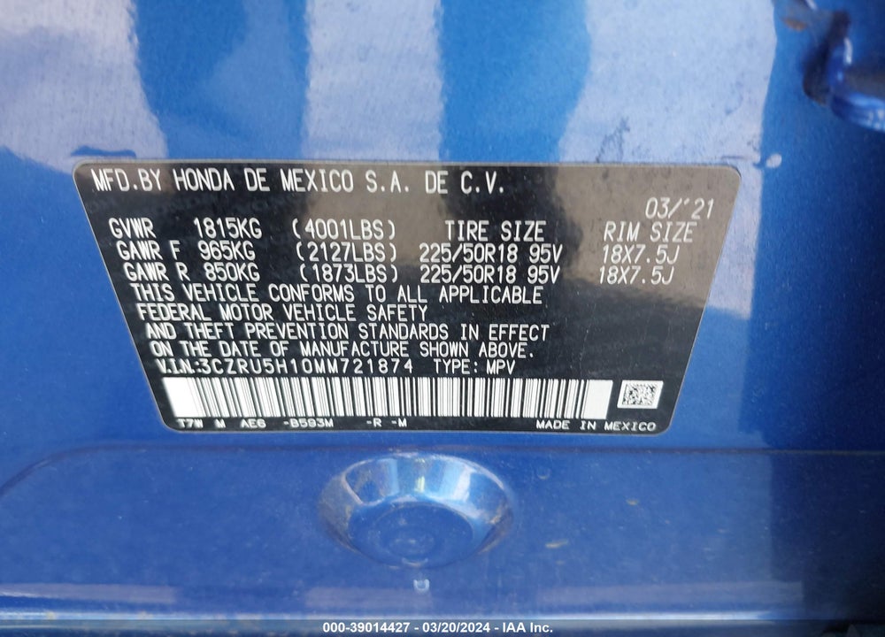 2021 HONDA HR-V 2WD SPORT VIN: 3CZRU5H10MM721874
