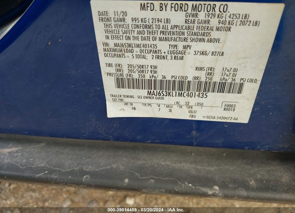 2021 FORD ECOSPORT TITANIUM VIN: MAJ6S3KL1MC401435