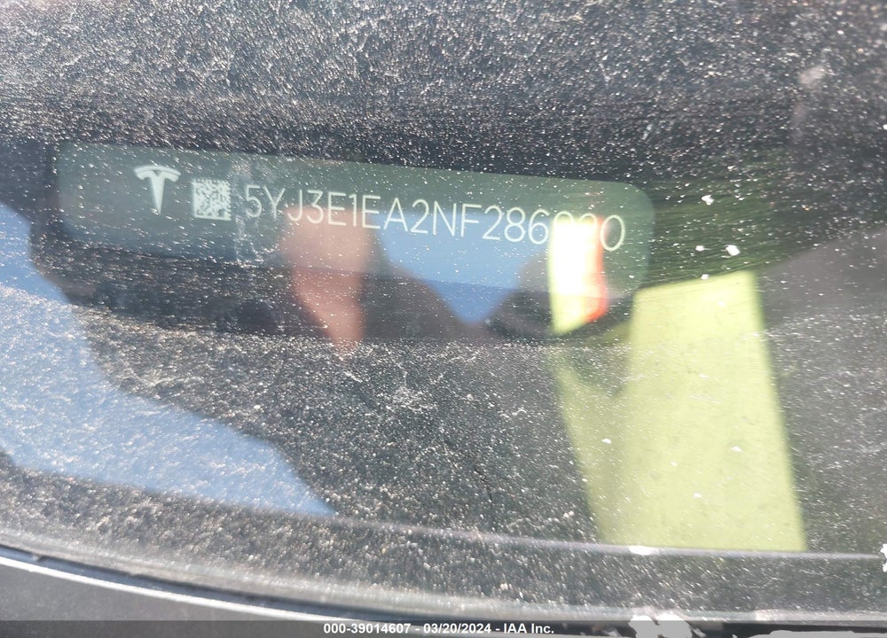 2022 TESLA MODEL 3 REAR-WHEEL DRIVE VIN: 5YJ3E1EA2NF286920