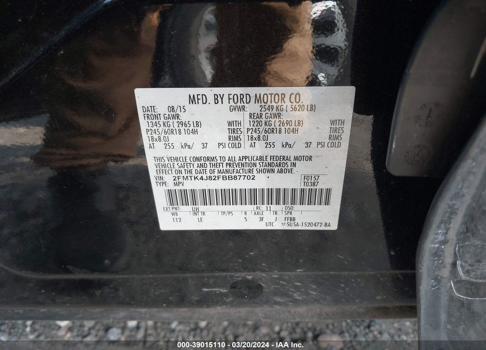 2015 FORD EDGE VIN: 2FMTK4J82FBB87702