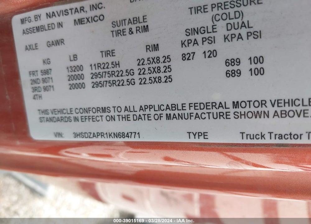 2019 INTERNATIONAL LT VIN: 3HSDZAPR1KN684771