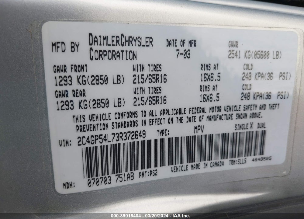 2003 CHRYSLER TOWN & COUNTRY LXI VIN: 2C4GP54L73R372649