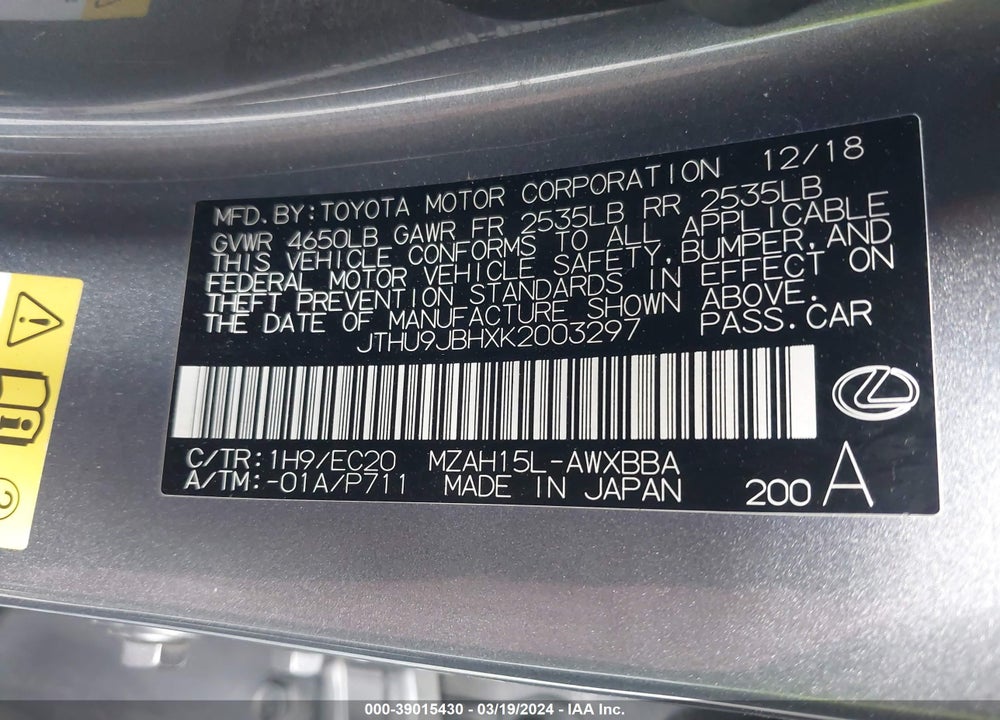 2019 LEXUS UX 250H VIN: JTHU9JBHXK2003297