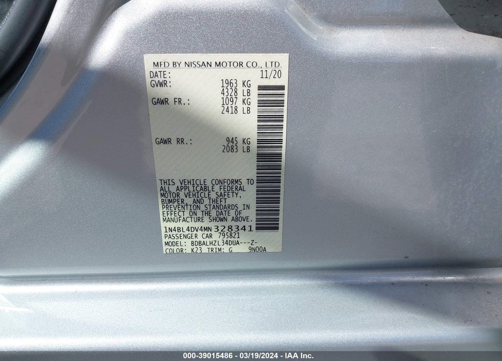 2021 NISSAN ALTIMA SV VIN: 1N4BL4DV4MN328341