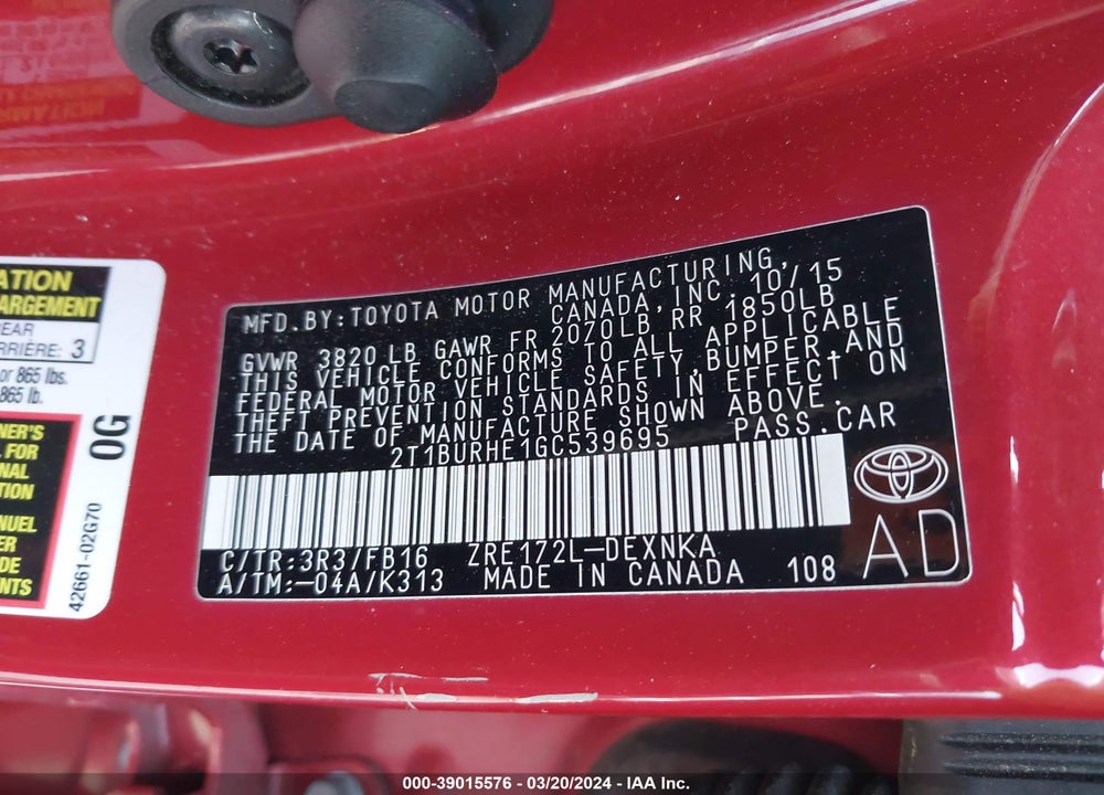 2016 TOYOTA COROLLA LE VIN: 2T1BURHE1GC539695