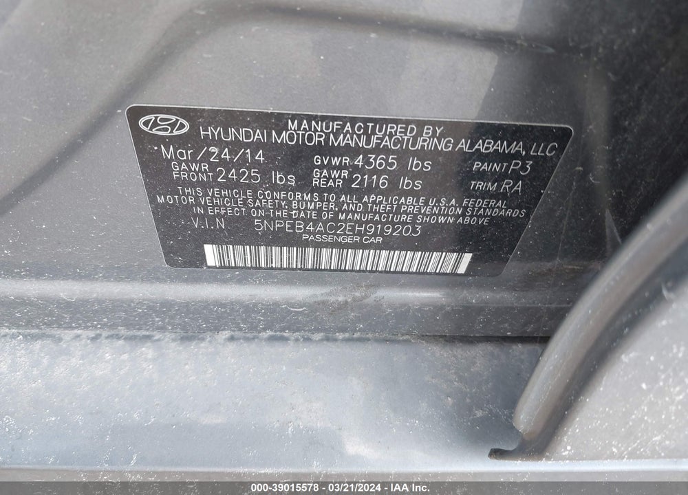 2014 HYUNDAI SONATA GLS VIN: 5NPEB4AC2EH919203