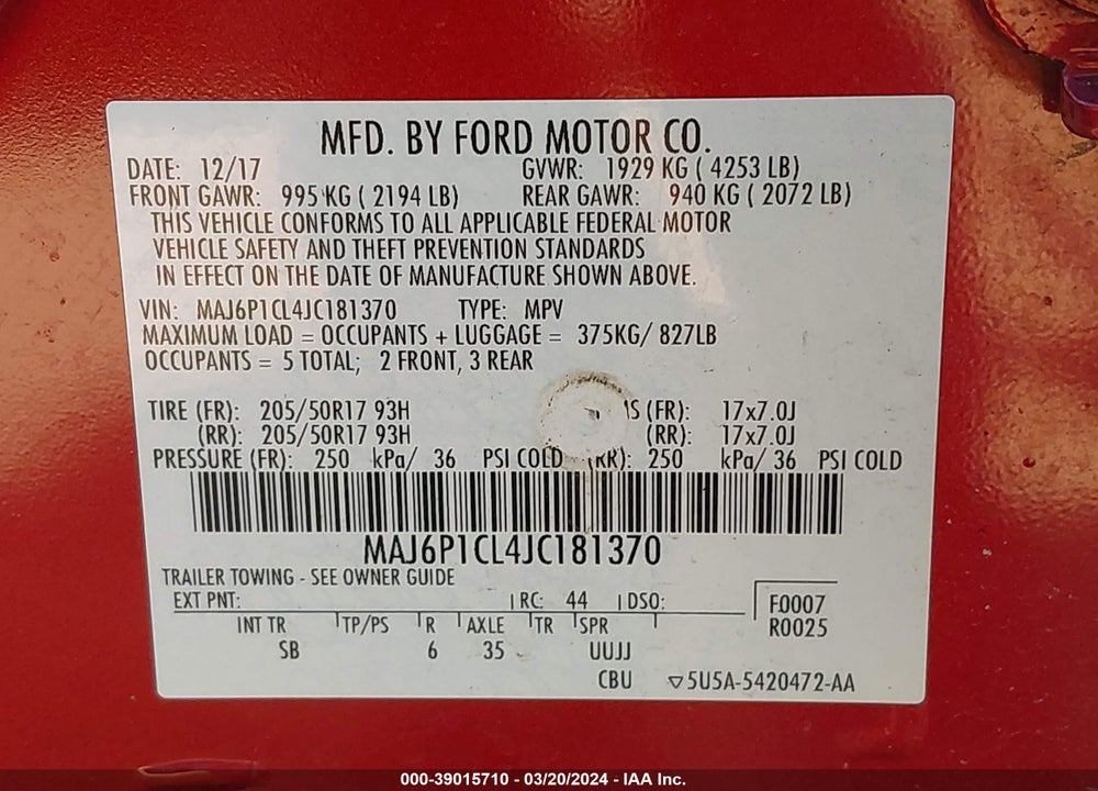 2018 FORD ECOSPORT SES VIN: MAJ6P1CL4JC181370