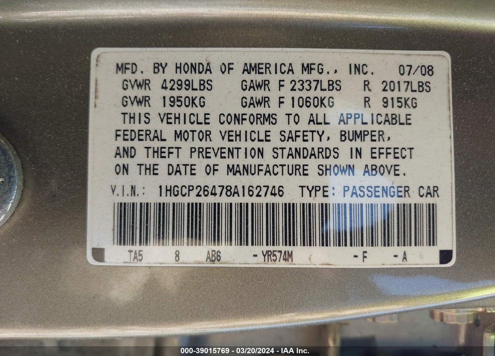 2008 HONDA ACCORD 2.4 LX-P VIN: 1HGCP26478A162746