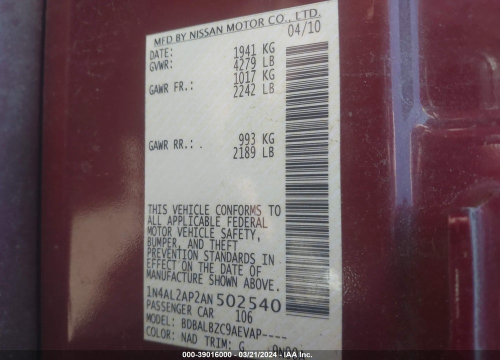 2010 NISSAN ALTIMA 2.5 S VIN: 1N4AL2AP2AN502540