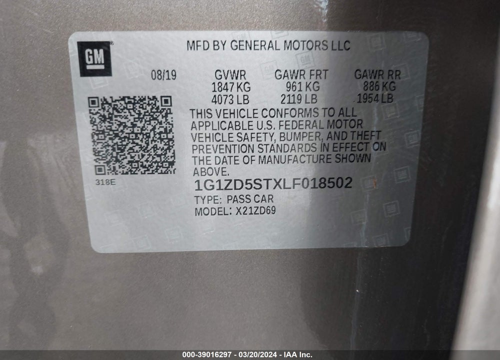 2020 CHEVROLET MALIBU FWD LT VIN: 1G1ZD5STXLF018502