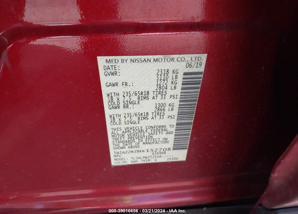 2019 NISSAN MURANO S VIN: 5N1AZ2MJ9KN152708