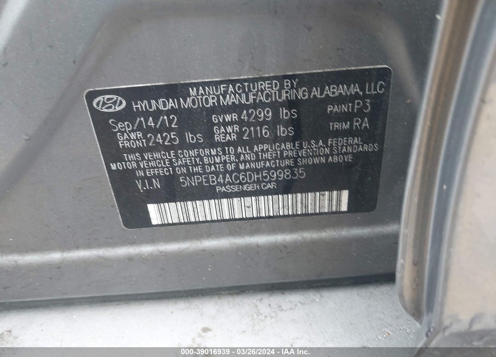 2013 HYUNDAI SONATA GLS VIN: 5NPEB4AC6DH599835