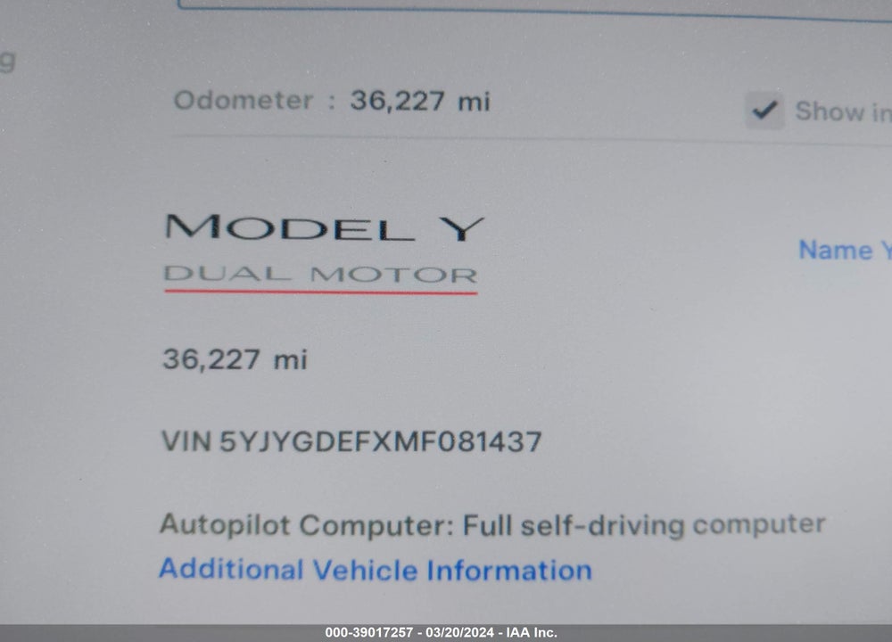 2021 TESLA MODEL Y VIN: 5YJYGDEFXMF081437