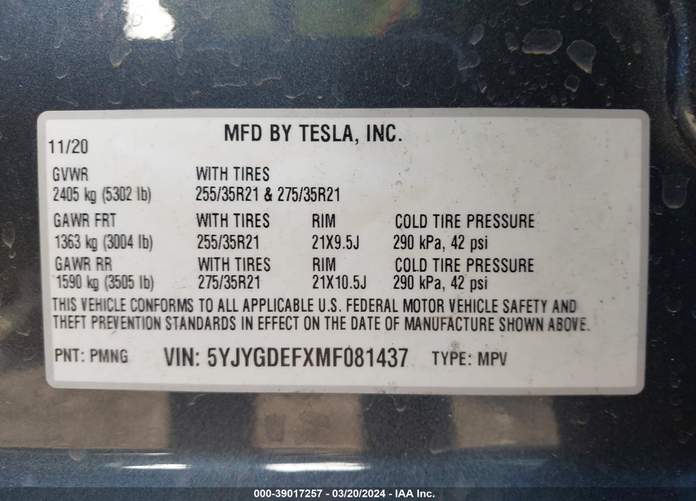 2021 TESLA MODEL Y VIN: 5YJYGDEFXMF081437