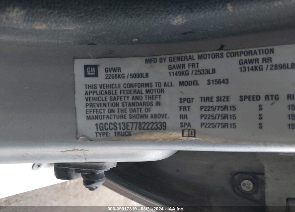 2007 CHEVROLET COLORADO LT VIN: 1GCCS13E778222339