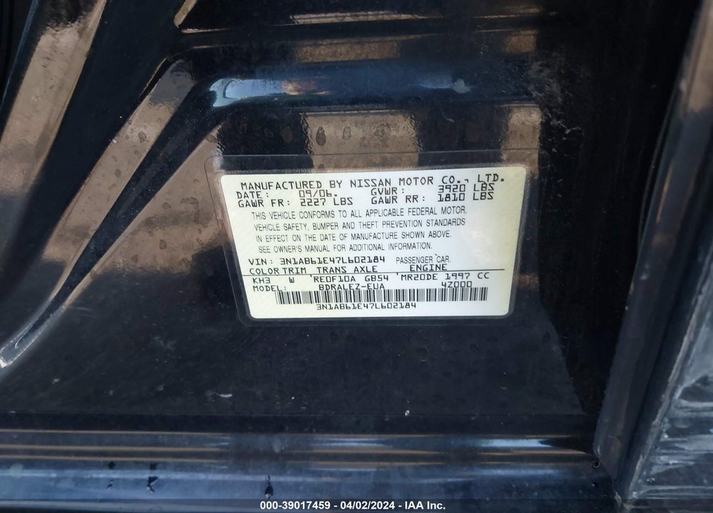 2007 NISSAN SENTRA 2.0S VIN: 3N1AB61E47L602184