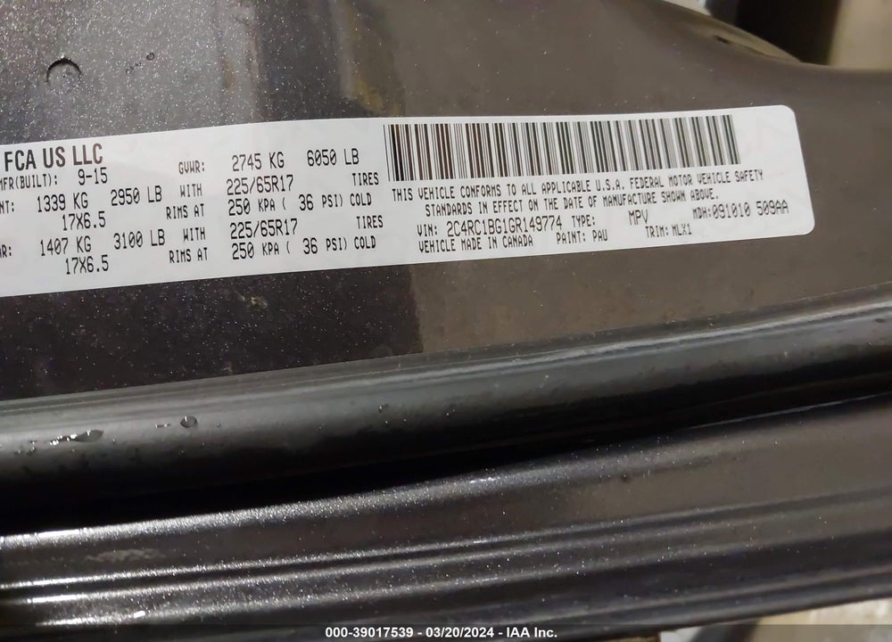 2016 CHRYSLER TOWN & COUNTRY TOURING VIN: 2C4RC1BG1GR149774