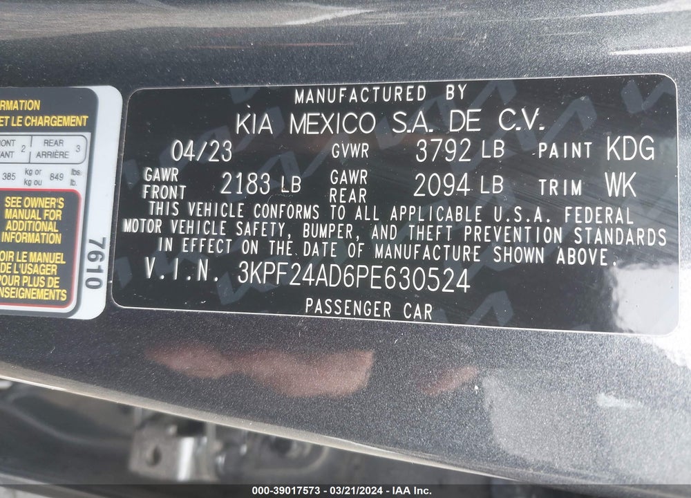 2023 KIA FORTE LXS VIN: 3KPF24AD6PE630524