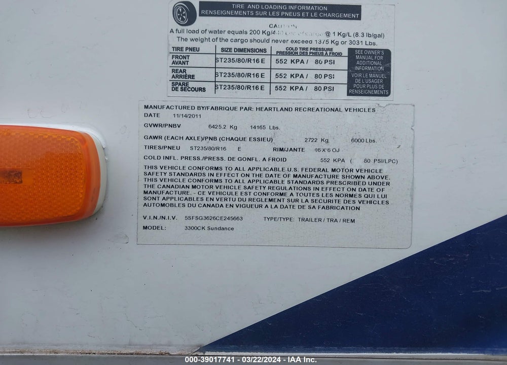2012 HEARTLAND RV SUNDANCE 3300CK VIN: 5SFSG3626CE245663
