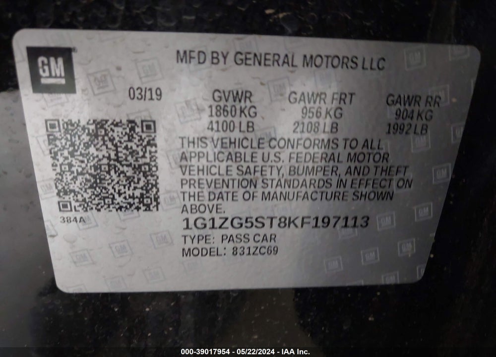 2019 CHEVROLET MALIBU RS VIN: 1G1ZG5ST8KF197113