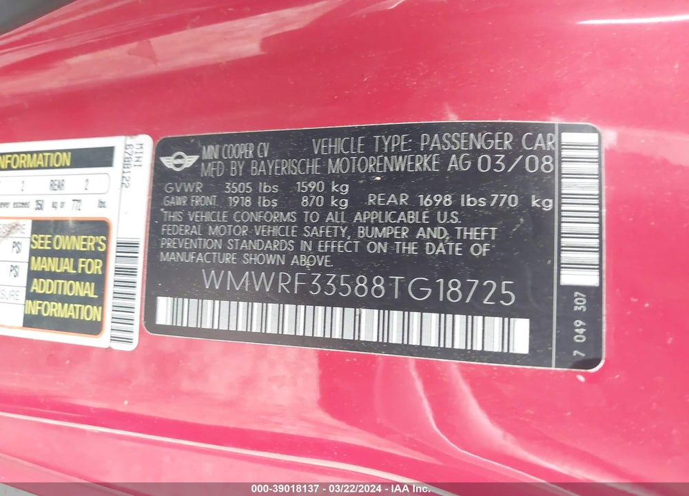 2008 MINI COOPER VIN: WMWRF33588TG18725