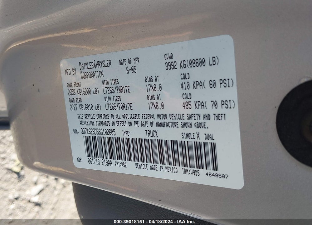 2006 DODGE RAM 2500 SLT/SPORT VIN: 3D7KS28D56G102605