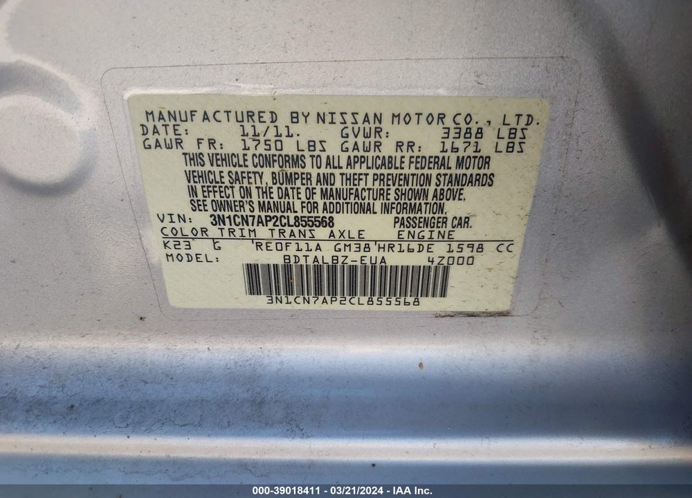 2012 NISSAN VERSA 1.6 SV VIN: 3N1CN7AP2CL855568