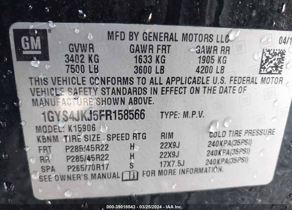 2015 CADILLAC ESCALADE ESV PREMIUM VIN: 1GYS4JKJ5FR158566