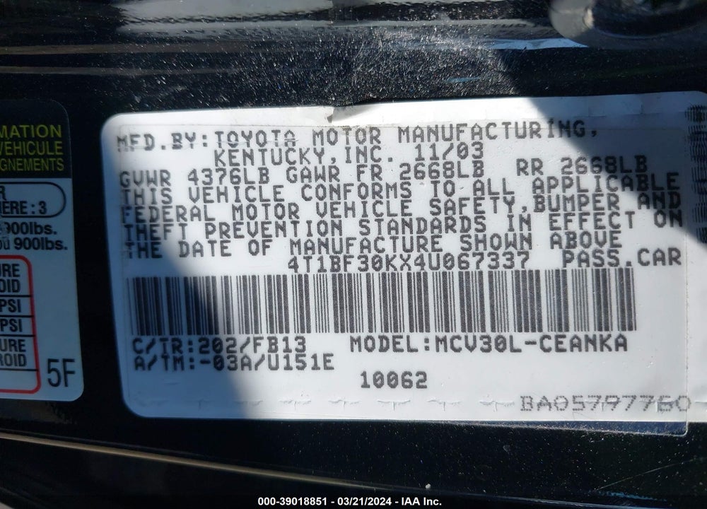 2004 TOYOTA CAMRY LE V6 VIN: 4T1BF30KX4U067337