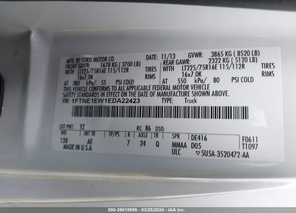 2014 FORD E-150 COMMERCIAL VIN: 1FTNE1EW1EDA22423