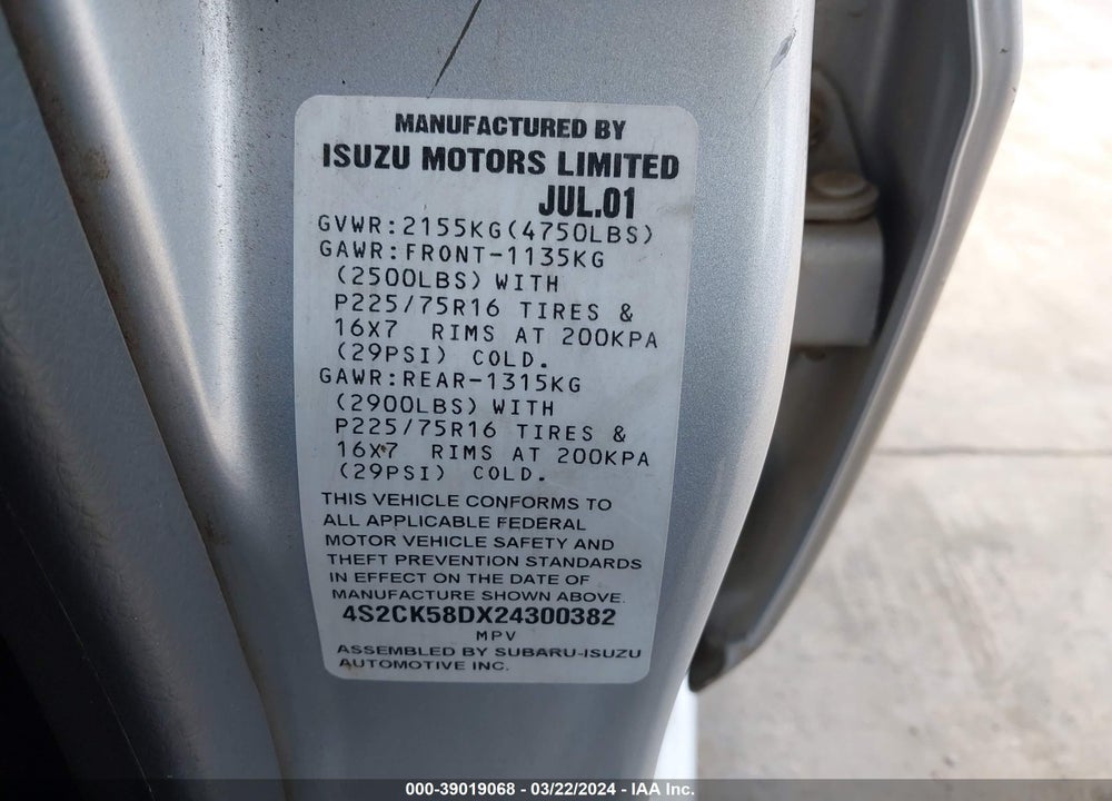 2002 ISUZU RODEO S 2.2L VIN: 4S2CK58DX24300382