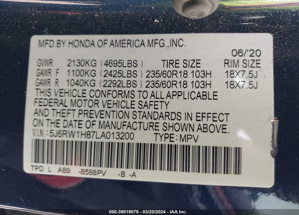 2020 HONDA CR-V 2WD EX-L VIN: 5J6RW1H87LA013200